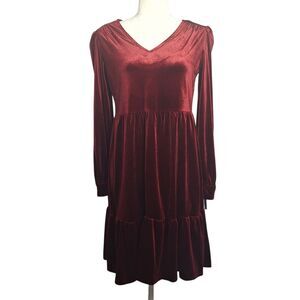 Studio One Velvet Tiered Dress Burgundy Festive Holiday Party Small Womens